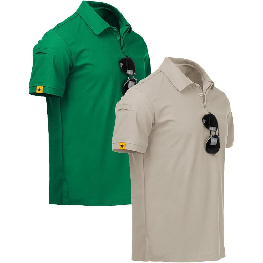 imageZITY Mens 2 Pack Polo Shirts Short Sleeve Performance Sports Golf Shirt for Men Tactical ShirtGrassgreen Lightkhaki