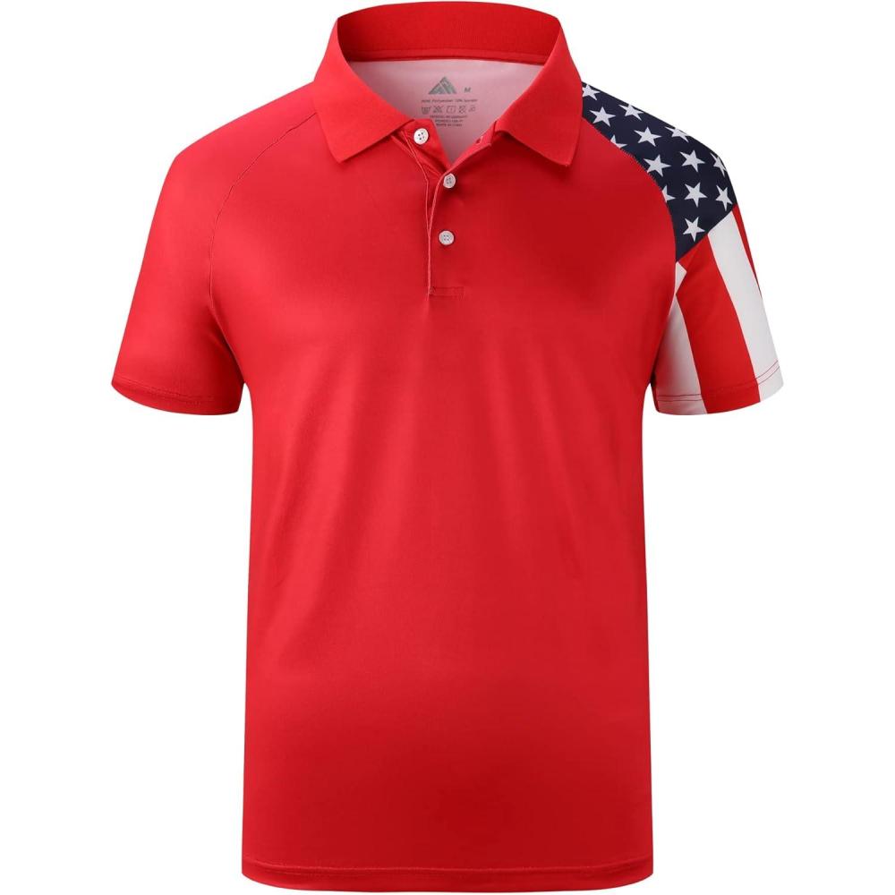 imageZITY Mens Flag Golf Polo Shirts Short Sleeve Tactical Collared Shirt Men Outdoor Moisture Wicking ShirtsRed