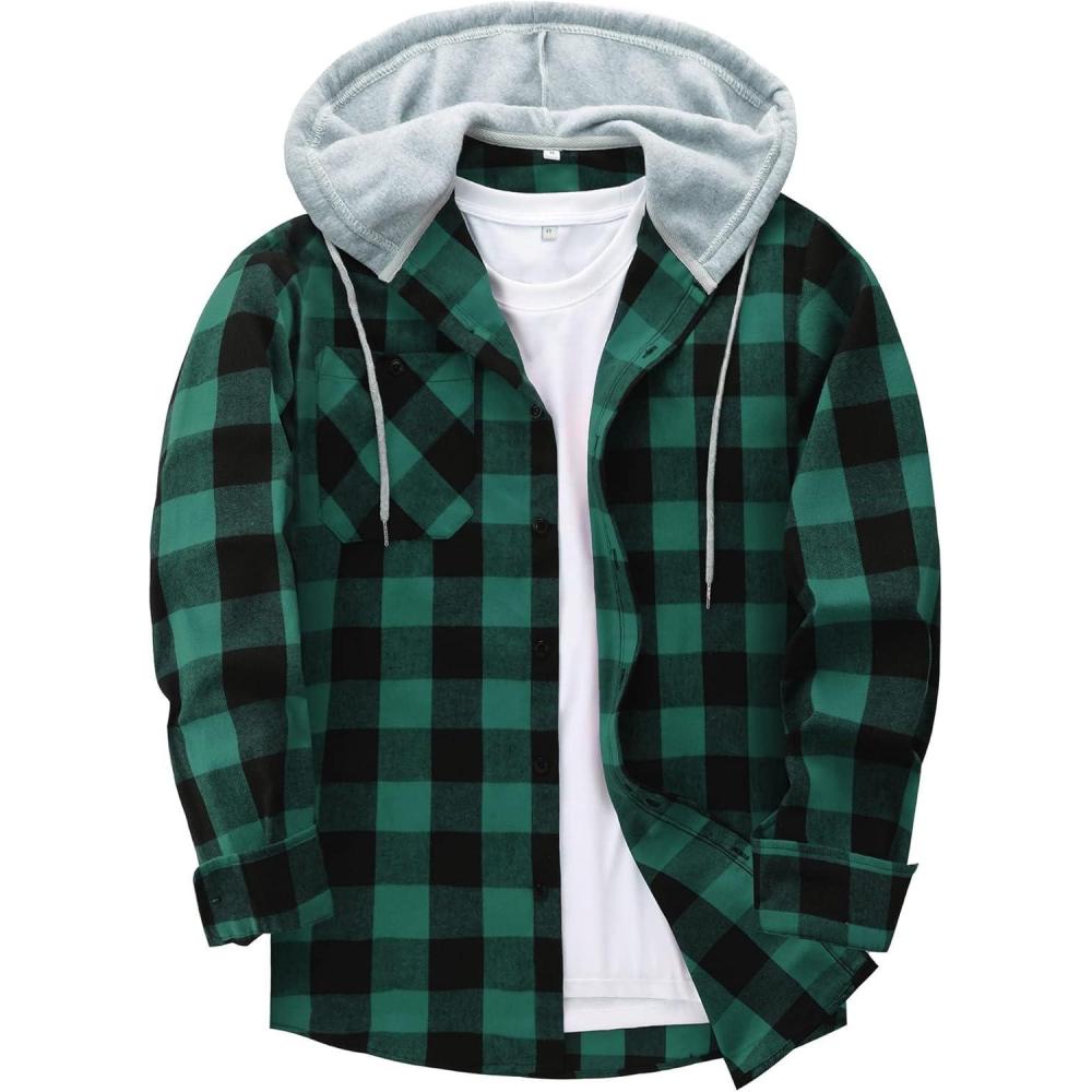 imageZITY Mens Flannel Hoodie Shirts Casual Button Down Plaid Shirt Jackets for Men Long Sleeve Stylish Hooded with PocketBlack Green