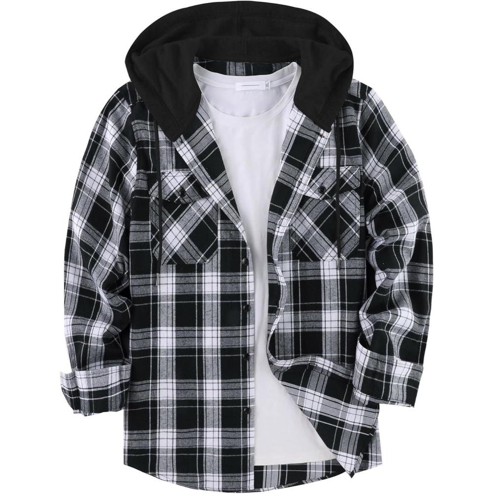 imageZITY Mens Flannel Hoodie Shirts Casual Button Down Plaid Shirt Jackets for Men Long Sleeve Stylish Hooded with PocketBlack White