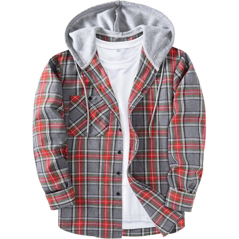 imageZITY Mens Flannel Hoodie Shirts Casual Button Down Plaid Shirt Jackets for Men Long Sleeve Stylish Hooded with PocketRedgray