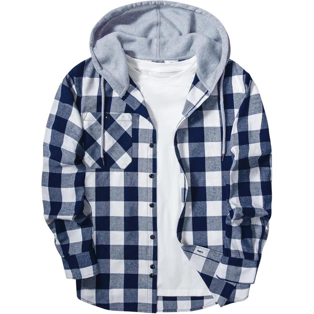 imageZITY Mens Flannel Hoodie Shirts Casual Button Down Plaid Shirt Jackets for Men Long Sleeve Stylish Hooded with PocketRoyalblue White