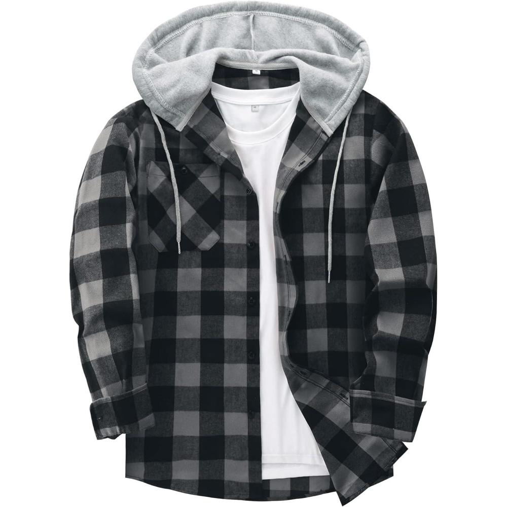 imageZITY Mens Flannel Hoodie Shirts Casual Button Down Plaid Shirt Jackets for Men Long Sleeve Stylish Hooded with PocketWhite