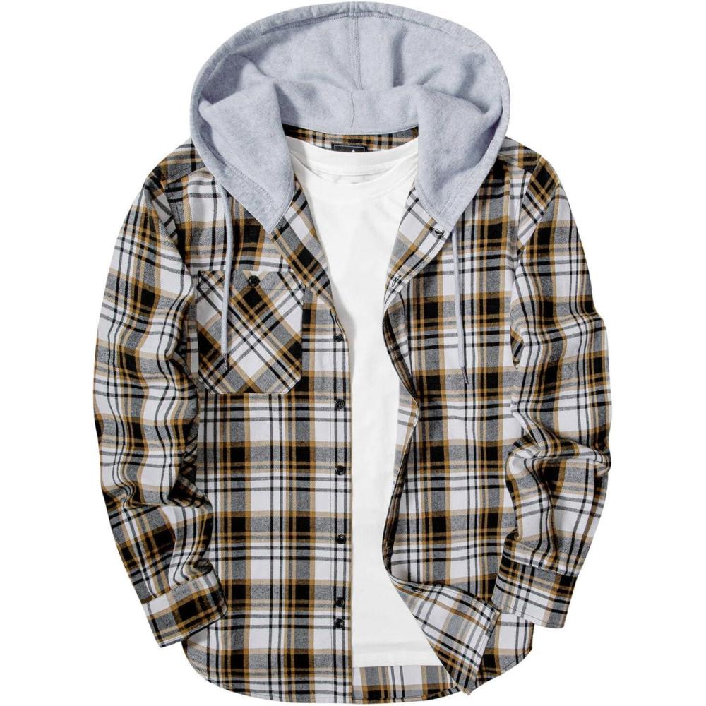 imageZITY Mens Flannel Hoodie Shirts Casual Button Down Plaid Shirt Jackets for Men Long Sleeve Stylish Hooded with PocketWhite Grey Brown