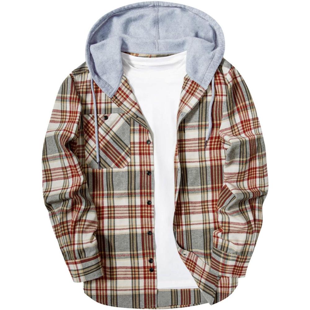 imageZITY Mens Flannel Hoodie Shirts Casual Button Down Plaid Shirt Jackets for Men Long Sleeve Stylish Hooded with PocketWine Red Beige
