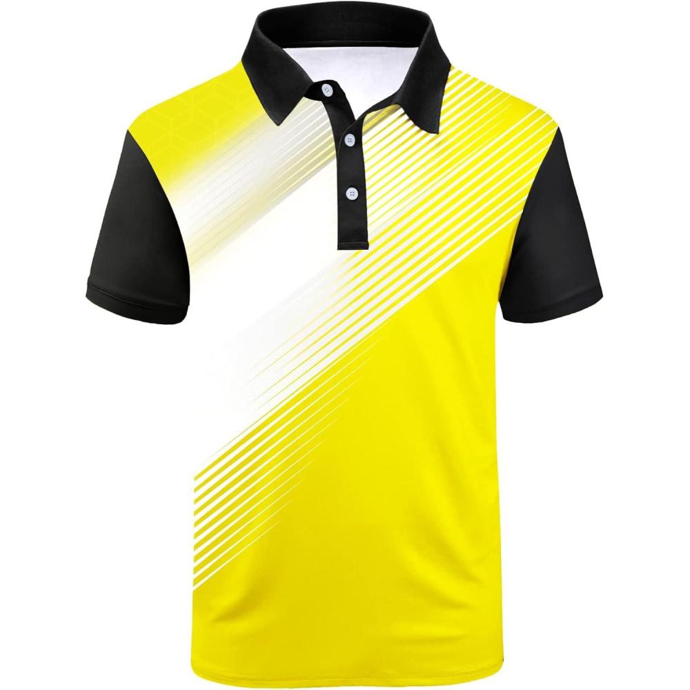 imageZITY Mens Golf Shirt Short Sleeve Sport Moisture Wicking Performance Print Golf Polo Shirts for Men Collared Casual TShirtYellow