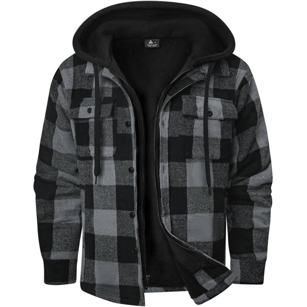 imageZITY Mens Sherpa Flannel Shirt Jacket Plaid Fleece Lined Hoodie Full Zip Long Sleeve Winter Warm Coat for MenGrey