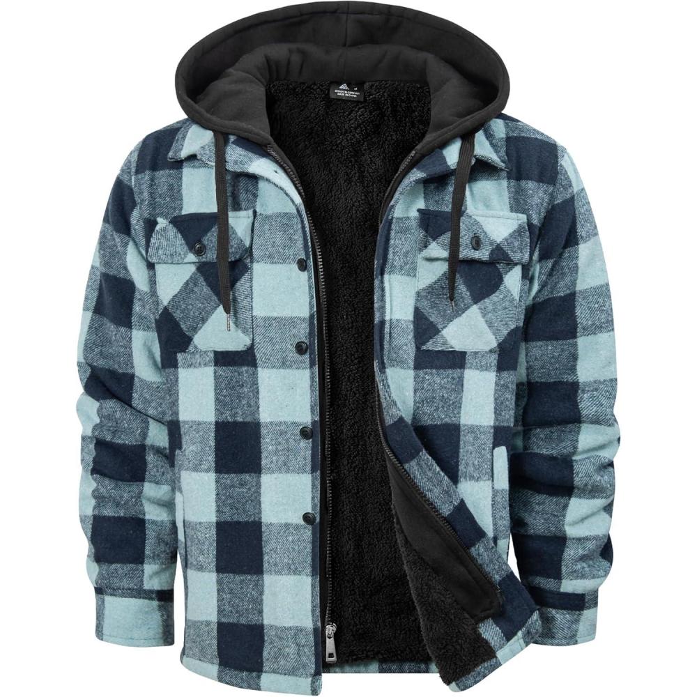 imageZITY Mens Sherpa Flannel Shirt Jacket Plaid Fleece Lined Hoodie Full Zip Long Sleeve Winter Warm Coat for MenLight Green