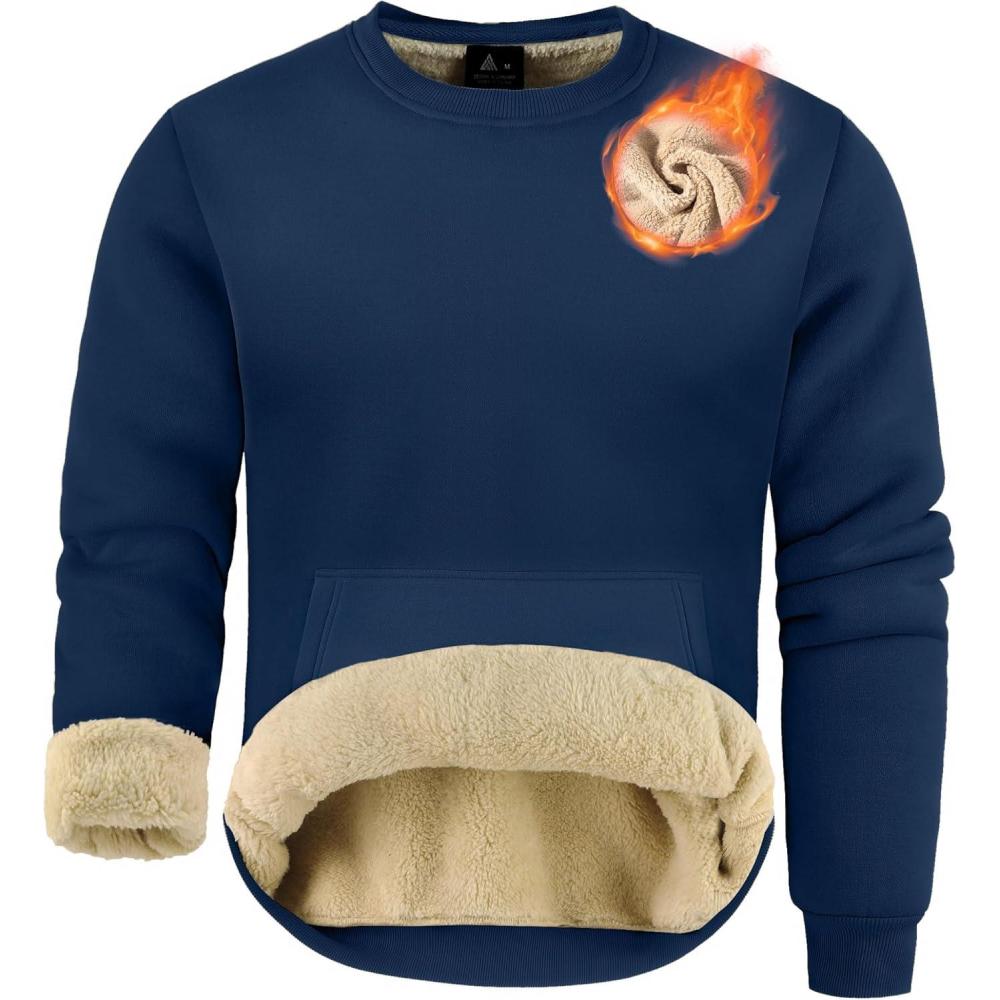 imageZITY Mens Sherpa Lined Sweatshirt Heavyweight Fleece Crewneck Sweatshirts Kangaroo Pocket Thick Winter Long Sleeve PulloverNavy