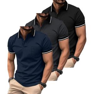 ZITY 3 Pack Men Polo Shirts Short Sleeve with Pocket Sport Wicking Shirts for Men Casual Athletic Collared T-Shirts(Bblack Grey Navy)