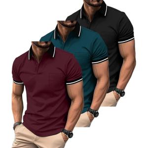 ZITY 3 Pack Men Polo Shirts Short Sleeve with Pocket Sport Wicking Shirts for Men Casual Athletic Collared T-Shirts(Black Duckblue Winered)