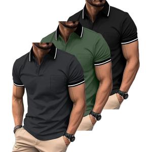 ZITY 3 Pack Men Polo Shirts Short Sleeve with Pocket Sport Wicking Shirts for Men Casual Athletic Collared T-Shirts(Black Green Grey)