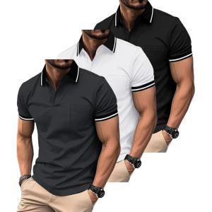 ZITY 3 Pack Men Polo Shirts Short Sleeve with Pocket Sport Wicking Shirts for Men Casual Athletic Collared T-Shirts(Black White Grey)