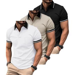 ZITY 3 Pack Men Polo Shirts Short Sleeve with Pocket Sport Wicking Shirts for Men Casual Athletic Collared T-Shirts(Black White Khaki)