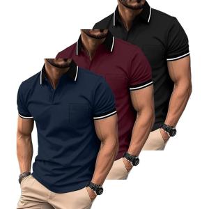 ZITY 3 Pack Men Polo Shirts Short Sleeve with Pocket Sport Wicking Shirts for Men Casual Athletic Collared T-Shirts(Black Winered Navy)