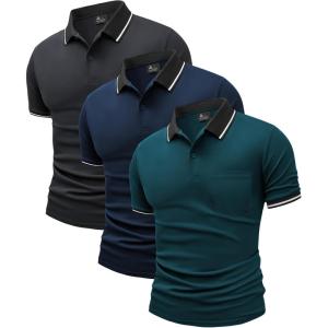 ZITY 3 Pack Men Polo Shirts Short Sleeve with Pocket Sport Wicking Shirts for Men Casual Athletic Collared T-Shirts(Grey Navy Duckblue)