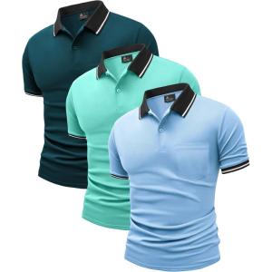 ZITY 3 Pack Men Polo Shirts Short Sleeve with Pocket Sport Wicking Shirts for Men Casual Athletic Collared T-Shirts(Moonblue Duckblue Greenblue)