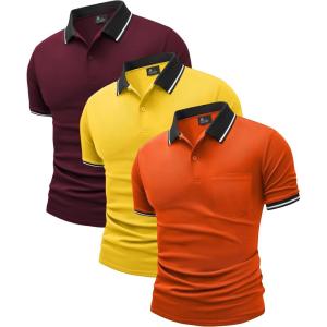 ZITY 3 Pack Men Polo Shirts Short Sleeve with Pocket Sport Wicking Shirts for Men Casual Athletic Collared T-Shirts(Orange Yelleow Red)