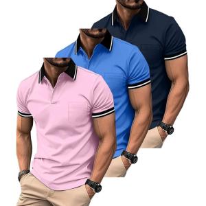 ZITY 3 Pack Men Polo Shirts Short Sleeve with Pocket Sport Wicking Shirts for Men Casual Athletic Collared T-Shirts(Pink Blue Navy)