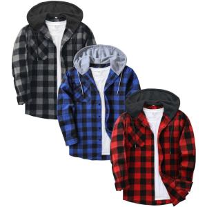ZITY 3 Pack Men’s Flannel Hoodie Shirts Long Sleeve Casual Vintage Button Down Plaid Shirt Jacket with Pocket(Blackred Blue Blackgrey)