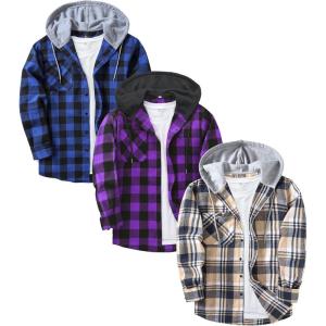 ZITY 3 Pack Men’s Flannel Hoodie Shirts Long Sleeve Casual Vintage Button Down Plaid Shirt Jacket with Pocket(Deepbluebeige Blackpurple Blue)