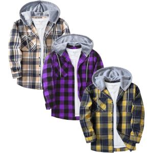 ZITY 3 Pack Men’s Flannel Hoodie Shirts Long Sleeve Casual Vintage Button Down Plaid Shirt Jacket with Pocket(Deepbluebeige Purple Yellownavy)