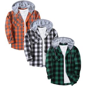 ZITY 3 Pack Men’s Flannel Hoodie Shirts Long Sleeve Casual Vintage Button Down Plaid Shirt Jacket with Pocket(Green Orange Whiteblack)