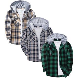 ZITY 3 Pack Men’s Flannel Hoodie Shirts Long Sleeve Casual Vintage Button Down Plaid Shirt Jacket with Pocket(Navybeige Green Navywhite)