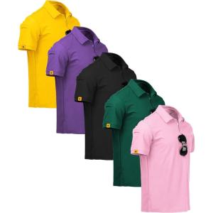 ZITY 5 Pack Mens Polo Shirt Short Sleeve Sports Golf Tennis T-Shirt Moisture-Wicking Summer Shirts(Black Forest Pink Violet Yellow)