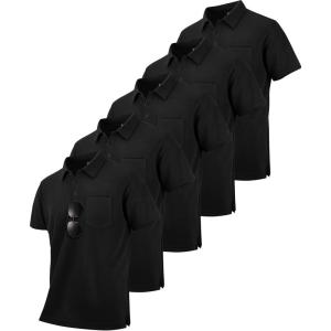 ZITY 5 Pack Polo Shirts for Men with Pocket Dry Quickly Short Sleeve Athletic Outdoor Work Collared Shirts(Black)