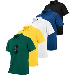 ZITY 5 Pack Polo Shirts for Men with Pocket Dry Quickly Short Sleeve Athletic Outdoor Work Collared Shirts(Black+forest Green+royal Blue+white+dark Yellow)