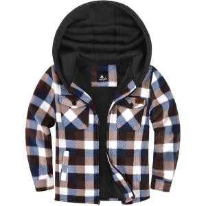 ZITY Boys Flannel Shirt Jacket Fleece Sherpa Lined Plaid Jackets Unisex Coat Full Zip Hoodie Girls Winter Outwear 6-15 Years(Coffee Brown)