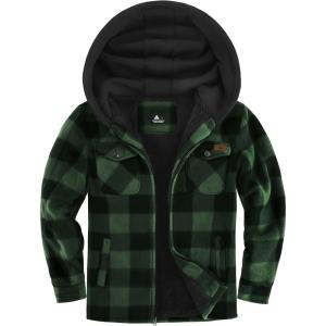 ZITY Boys Flannel Shirt Jacket Fleece Sherpa Lined Plaid Jackets Unisex Coat Full Zip Hoodie Girls Winter Outwear 6-15 Years(Green Black)