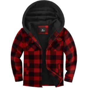 ZITY Boys Flannel Shirt Jacket Fleece Sherpa Lined Plaid Jackets Unisex Coat Full Zip Hoodie Girls Winter Outwear 6-15 Years(Red Black)