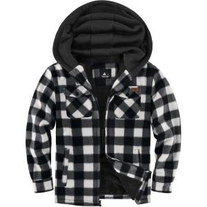 ZITY Boys Flannel Shirt Jacket Fleece Sherpa Lined Plaid Jackets Unisex Coat Full Zip Hoodie Girls Winter Outwear 6-15 Years(White Black)