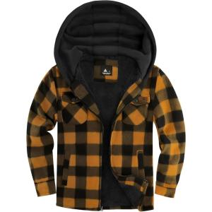 ZITY Boys Flannel Shirt Jacket Fleece Sherpa Lined Plaid Jackets Unisex Coat Full Zip Hoodie Girls Winter Outwear 6-15 Years(Yellow Black)