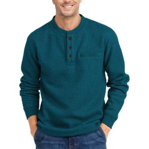 ZITY Long Sleeve Henley Shirts for Men Casual Waffle Thermal Fashion Pullover 3-Button T-Shirt with Pocket(Dark Teal Blue)