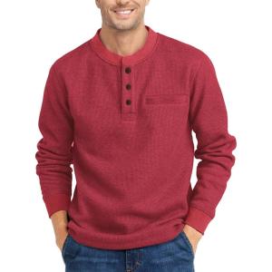 ZITY Long Sleeve Henley Shirts for Men Casual Waffle Thermal Fashion Pullover 3-Button T-Shirt with Pocket(Red)