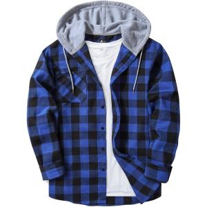ZITY Men’s Flannel Hoodie Shirts Casual Button Down Plaid Shirt Jackets for Men Long Sleeve Stylish Hooded with Pocket(Black Blue)