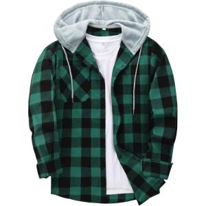 ZITY Men’s Flannel Hoodie Shirts Casual Button Down Plaid Shirt Jackets for Men Long Sleeve Stylish Hooded with Pocket(Black Green)