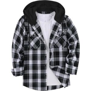 ZITY Men’s Flannel Hoodie Shirts Casual Button Down Plaid Shirt Jackets for Men Long Sleeve Stylish Hooded with Pocket(Black White)