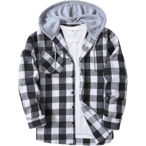 ZITY Men’s Flannel Hoodie Shirts Casual Button Down Plaid Shirt Jackets for Men Long Sleeve Stylish Hooded with Pocket(Black White Gray)