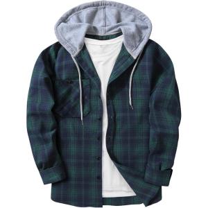 ZITY Men’s Flannel Hoodie Shirts Casual Button Down Plaid Shirt Jackets for Men Long Sleeve Stylish Hooded with Pocket(Blue Green Navy)