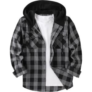 ZITY Men’s Flannel Hoodie Shirts Casual Button Down Plaid Shirt Jackets for Men Long Sleeve Stylish Hooded with Pocket(Dark Grey)
