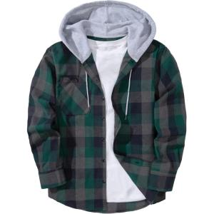 ZITY Men’s Flannel Hoodie Shirts Casual Button Down Plaid Shirt Jackets for Men Long Sleeve Stylish Hooded with Pocket(Greengray)
