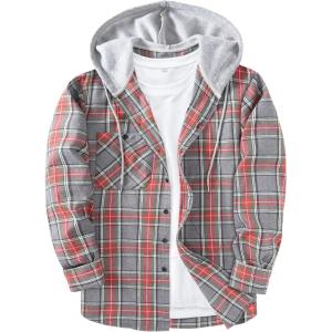 ZITY Men’s Flannel Hoodie Shirts Casual Button Down Plaid Shirt Jackets for Men Long Sleeve Stylish Hooded with Pocket(Light Red Gray)