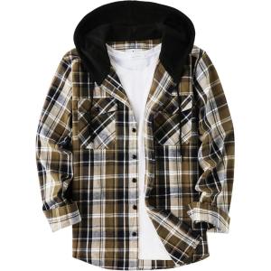 ZITY Men’s Flannel Hoodie Shirts Casual Button Down Plaid Shirt Jackets for Men Long Sleeve Stylish Hooded with Pocket(Military Green Blue)
