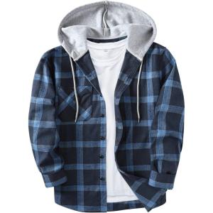 ZITY Men’s Flannel Hoodie Shirts Casual Button Down Plaid Shirt Jackets for Men Long Sleeve Stylish Hooded with Pocket(Navy)
