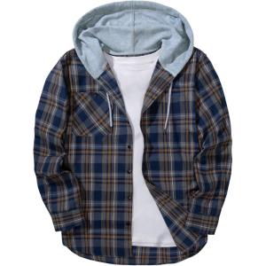 ZITY Men’s Flannel Hoodie Shirts Casual Button Down Plaid Shirt Jackets for Men Long Sleeve Stylish Hooded with Pocket(Navy Blue Yellow)