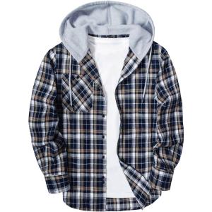 ZITY Men’s Flannel Hoodie Shirts Casual Button Down Plaid Shirt Jackets for Men Long Sleeve Stylish Hooded with Pocket(Navy Grey White)